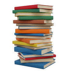 Tall stack of diverse colored books photographed in studio lighting transparent background
