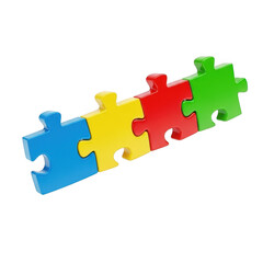 Four colorful jigsaw puzzle pieces connected in a row representing teamwork and connection transparent background
