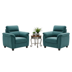Elegant teal armchairs flank a stylish accent table with greenery display transparent background