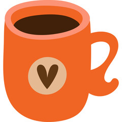 Orange Ceramic Mug Filled With Dark Coffee Decorated With A Heart Symbol On A Transparent Background