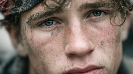 Obraz premium Close-up portrait of a person with striking blue eyes. Face covered in dirt, shows determination and resilience. Eyes reflect strength.