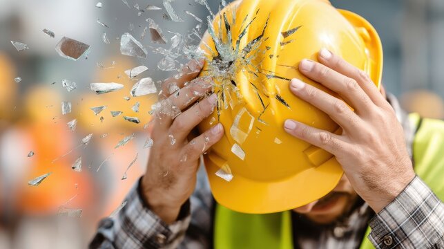 A construction worker injured by falling debris wearing a hard hat with glass explosion. Safety first at the job. Impact and danger at site.