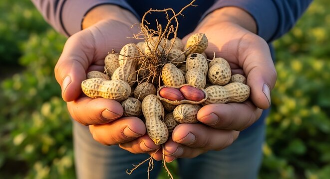 Farmers hands holding freshly harvested peanuts in a field, showcasing the natural bounty and agricultural process.
