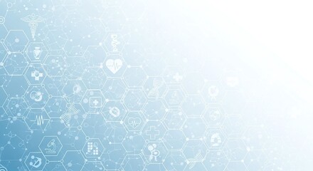 Medical science background, hexagonal grid, health care icons, blue gradient
