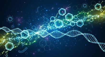 DNA strands, cells, viruses, and bacteria in scientific network