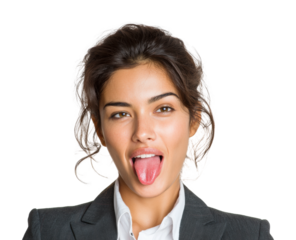 Playful businesswoman sticking out tongue in portrait isolated on transparent background