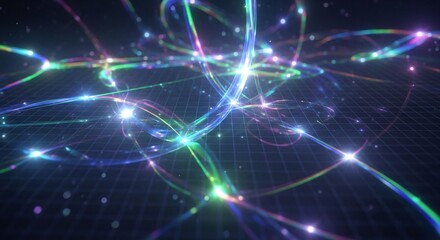 Vibrant Glowing Light Trails on Digital Grid