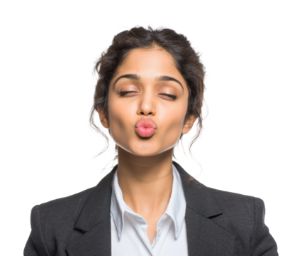 Playful kiss expression in business attire isolated on transparent background