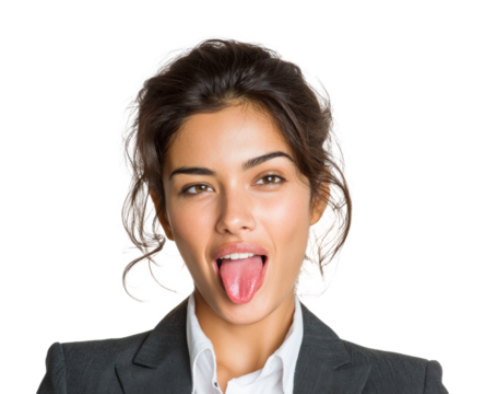 Playful businesswoman sticking out tongue in portrait isolated on transparent background