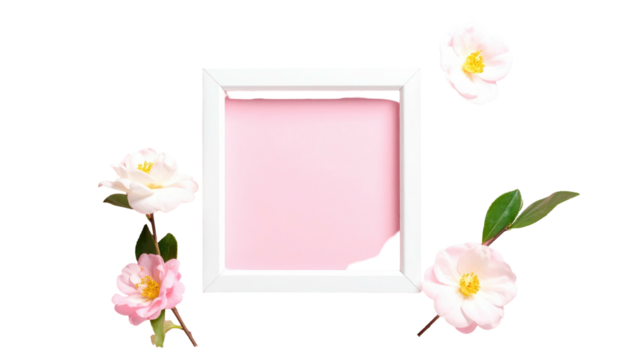 White frame on black backdrop, surrounded by blooming camellia flowers in shades of pink and white, flat lay aesthetic - Powered by Adobe