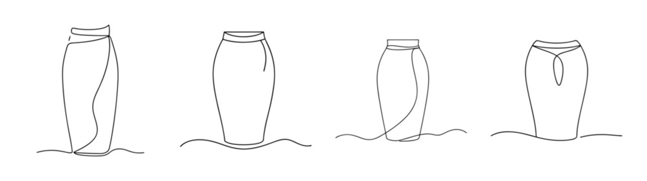 Sketch of four different pencil skirts in various poses and styles for fashion design