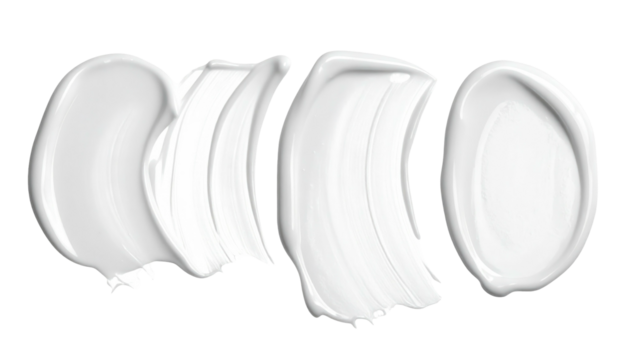 Four creamy white smears on black background, each with a distinct, glossy texture and unique, curved shapes