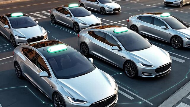Self-driving cars with glowing roof lights moving on a connected city street, illustrating future transportation technology