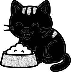 Black cartoon cat near food bowl suitable for pet care products, veterinary services, and animal shelter promotions. Cat illustration for pet businesses.