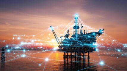 Offshore oil rig platform at sunset with digital network connections - Powered by Adobe