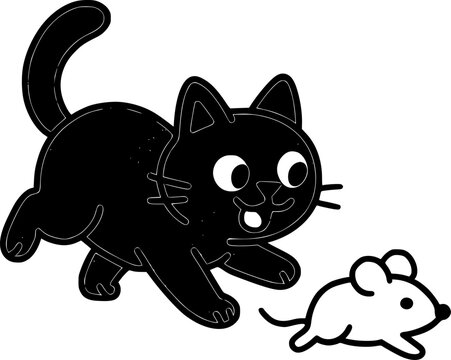 Black cat cartoon chasing white mouse suitable for childrens book illustrations, greeting cards, halloween designs, and social media graphics.