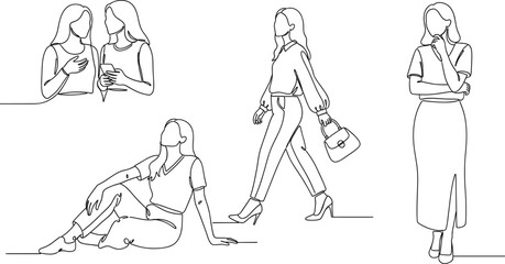 Minimalist line art illustration—five women in stylish poses, casual fashion, smartphone interaction, relaxed and confident gestures, modern lifestyle concep 
