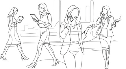 Professional women illustration—urban backdrop, mobile phones, coffee, tablets, business attire, continuous line art, modern career and communication theme