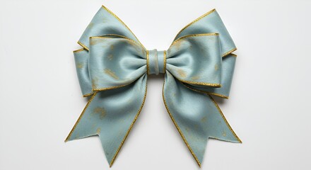 Elegant light blue bow with delicate gold trim presented on a clean white background