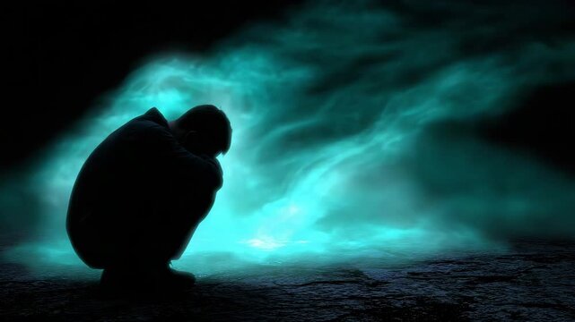 Emotional silhouette of a person in contemplation against a mystical glowing background