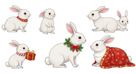 Obraz premium Six adorable cartoon rabbits, three baby with a striped bow, three adult with a holly wreath and red/gold blanket, on a transparent background with copy space, festive holiday celebration concept