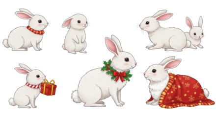 Six adorable cartoon rabbits, three baby with a striped bow, three adult with a holly wreath and red/gold blanket, on a transparent background with copy space, festive holiday celebration concept