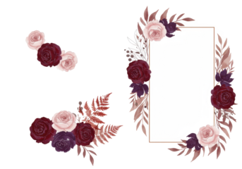 Four delicate watercolor floral arrangements: burgundy roses, pink/purple blossoms, green foliage, black line art, isolated on white with copy space, concept of elegant romantic card design