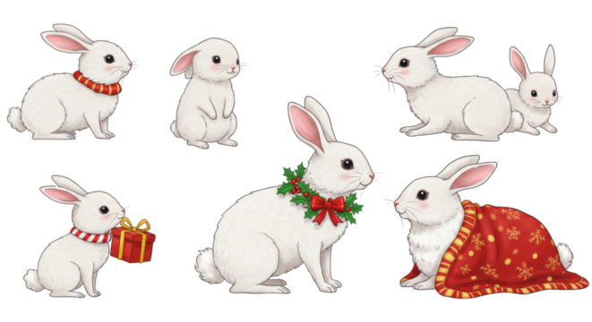 Six adorable cartoon rabbits, three baby with a striped bow, three adult with a holly wreath and red/gold blanket, on a transparent background with copy space, festive holiday celebration concept