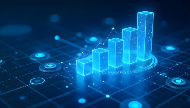 Business Data Visualization — 3D Digital Chart with Glowing Analytics Bars and Futuristic Financial Dashboard