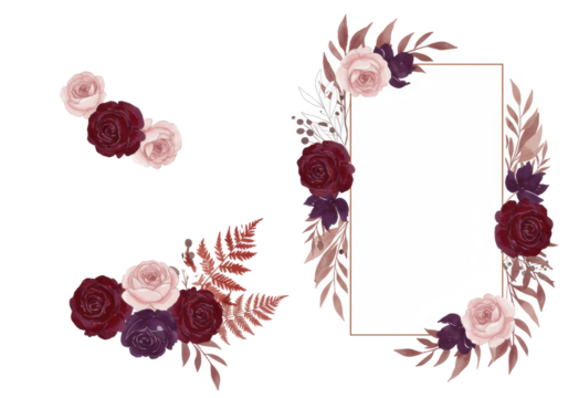 Four delicate watercolor floral arrangements: burgundy roses, pink/purple blossoms, green foliage, black line art, isolated on white with copy space, concept of elegant romantic card design