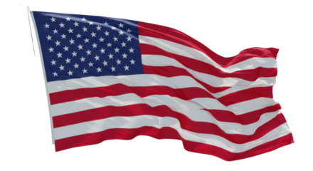 Photorealistic American national flag, vibrant colors, glossy fabric, dynamic folds, ripples, metallic pole, transparent background with copy space, concept of American patriotism