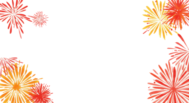 Vibrant watercolor fireworks bursting with intricate radial designs, expressive splatters, and fluid edges in red, orange, yellow, clustered on left/right against white copy space, celebration