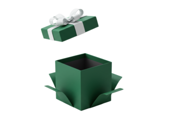 An empty emerald green luxury gift box with a white satin bow on its levitating lid, revealing an open base. Isolated on a transparent studio background with copy space, concept of surprise and luxury