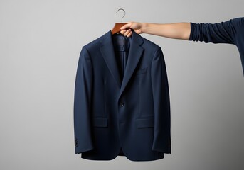 Classic navy blue blazer jacket on hanger, fashion and style concept, isolated on gray background