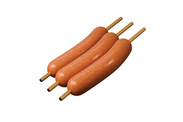 3d grilled sausages on sticks icon. street food snack concept. Minimal cartoon hotdog skewers bbq for food app banner delivery ads. isolated on white background. 3d render.