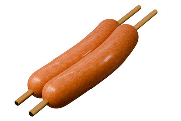 3d grilled sausages on sticks icon. street food snack concept. Minimal cartoon hotdog skewers bbq for food app banner delivery ads. isolated on white background. 3d render.