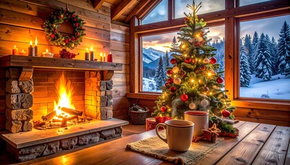 Cozy Christmas Cabin Interior with Fireplace and Decorated Tree.