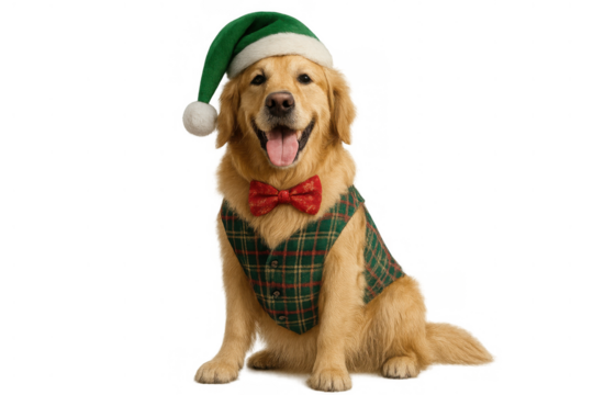Golden retriever dog wearing festive santa hat, plaid vest and red bow tie for christmas holidays, sitting cheerfully