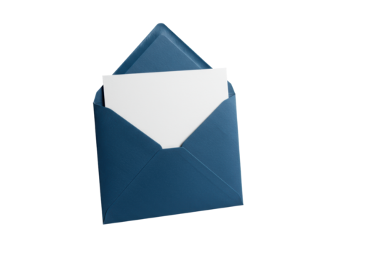 Deep blue matte envelope with a blank white card partially inserted, isolated on a transparent background with copy space, close-up with softbox lighting. Concept of professional communication