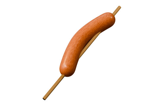 3d grilled sausage on stick icon. street food concept. Minimal cartoon hotdog skewer bbq for food app banner delivery ads. isolated on white background. 3d render.