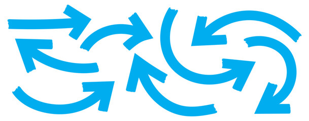 Various bold brush drawn curved arrows. Collection of blue doodle marker thick arrows. Blue Hand drawn brush stoke arrow set. Hand drawn bold arrows set. Big set of chalk pencil, brush stroke arrows