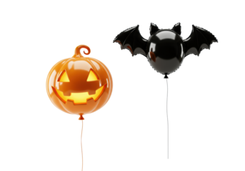 Vibrant orange 3D Mylar jack-o'-lantern balloon and glossy black bat balloon floating on transparent background with ample copy space, Festive Halloween celebration atmosphere