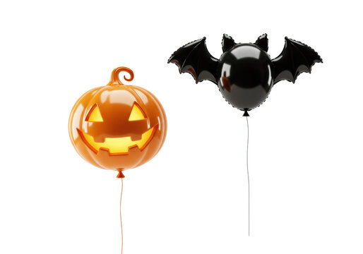 Vibrant orange 3D Mylar jack-o'-lantern balloon and glossy black bat balloon floating on transparent background with ample copy space, Festive Halloween celebration atmosphere