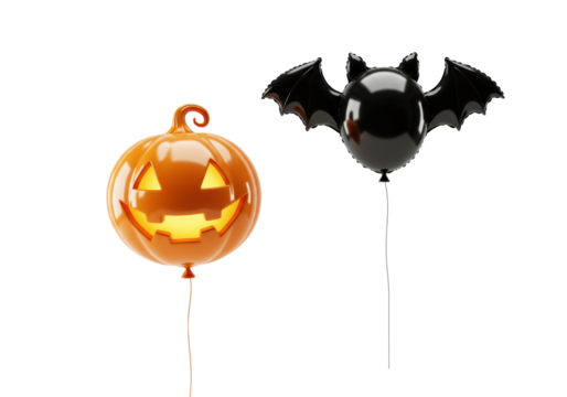 Vibrant orange 3D Mylar jack-o'-lantern balloon and glossy black bat balloon floating on transparent background with ample copy space, Festive Halloween celebration atmosphere - Powered by Adobe