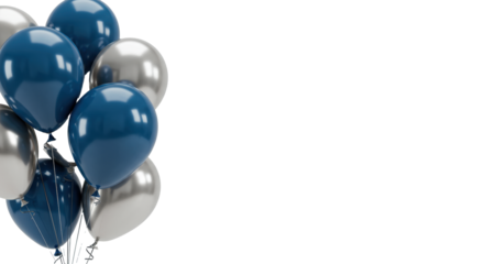 Cluster of deep blue matte latex and shimmering silver metallic balloons with white strings, ascending gracefully against a brilliant white background with copy space, elegant celebratory atmosphere