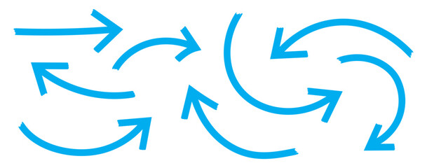 Various bold brush drawn curved arrows. Collection of blue doodle marker thick arrows. Blue Hand drawn brush stoke arrow set. Hand drawn bold arrows set. Big set of chalk pencil, brush stroke arrows