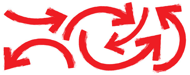 Set of Hand drawn vector arrows doodle on white background. Hand-drawn brush stroke arrows. Vector grunge brush style arrow pointers. red paint brush hand drawn arrow in grunge style. Long curve arrow