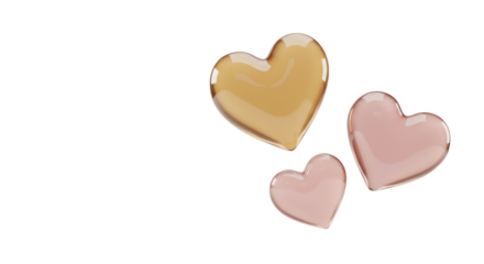 Three 3D rendered, translucent golden-pink hearts floating in varying sizes against a transparent studio background with copy space, modern affection and sophisticated romance concept