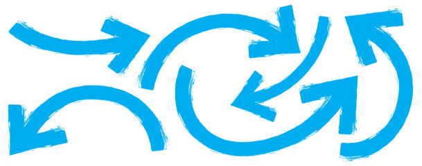 Various bold brush drawn curved arrows. Collection of blue doodle marker thick arrows. Blue Hand drawn brush stoke arrow set. Hand drawn bold arrows set. Big set of chalk pencil, brush stroke arrows