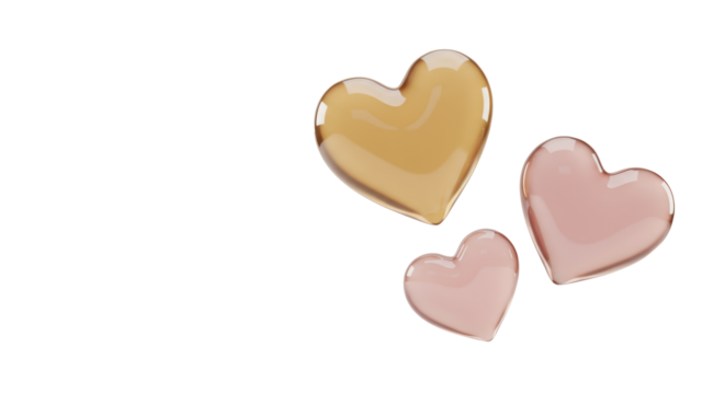 Three 3D rendered, translucent golden-pink hearts floating in varying sizes against a transparent studio background with copy space, modern affection and sophisticated romance concept